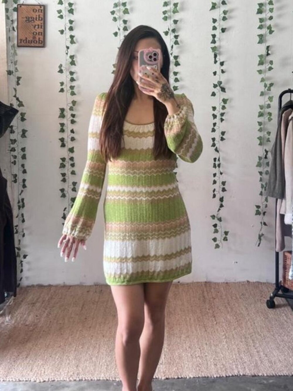 Bebe green shimmery striped long sleeved mini dress size small